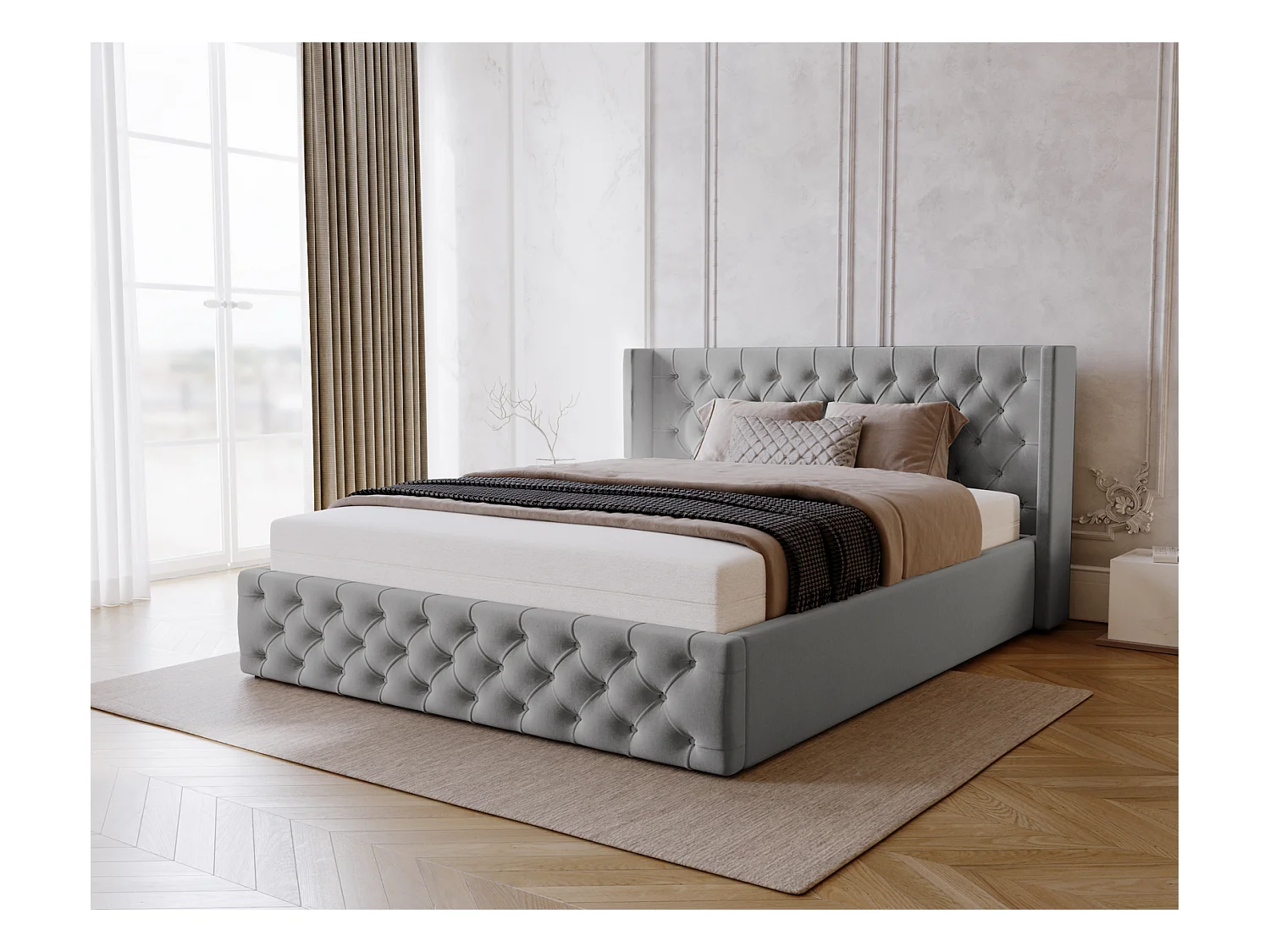 Emporius Rolia lit rembourré 180x200 lit avec rangement, sommier à lattes - lit coffre 180x200 tissu velour Gris clair (Magic Velvet 2218)