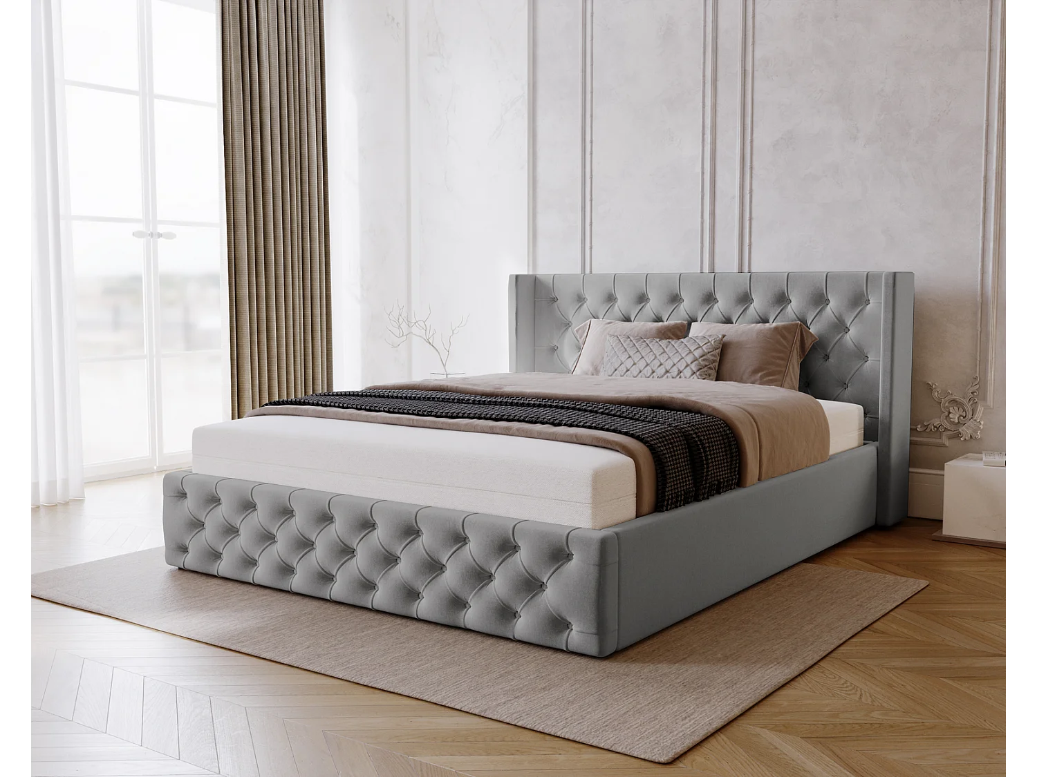 Emporius Rolia lit rembourré 180x200 lit avec rangement, sommier à lattes - lit coffre 180x200 tissu velour Gris clair (Magic Velvet 2218)