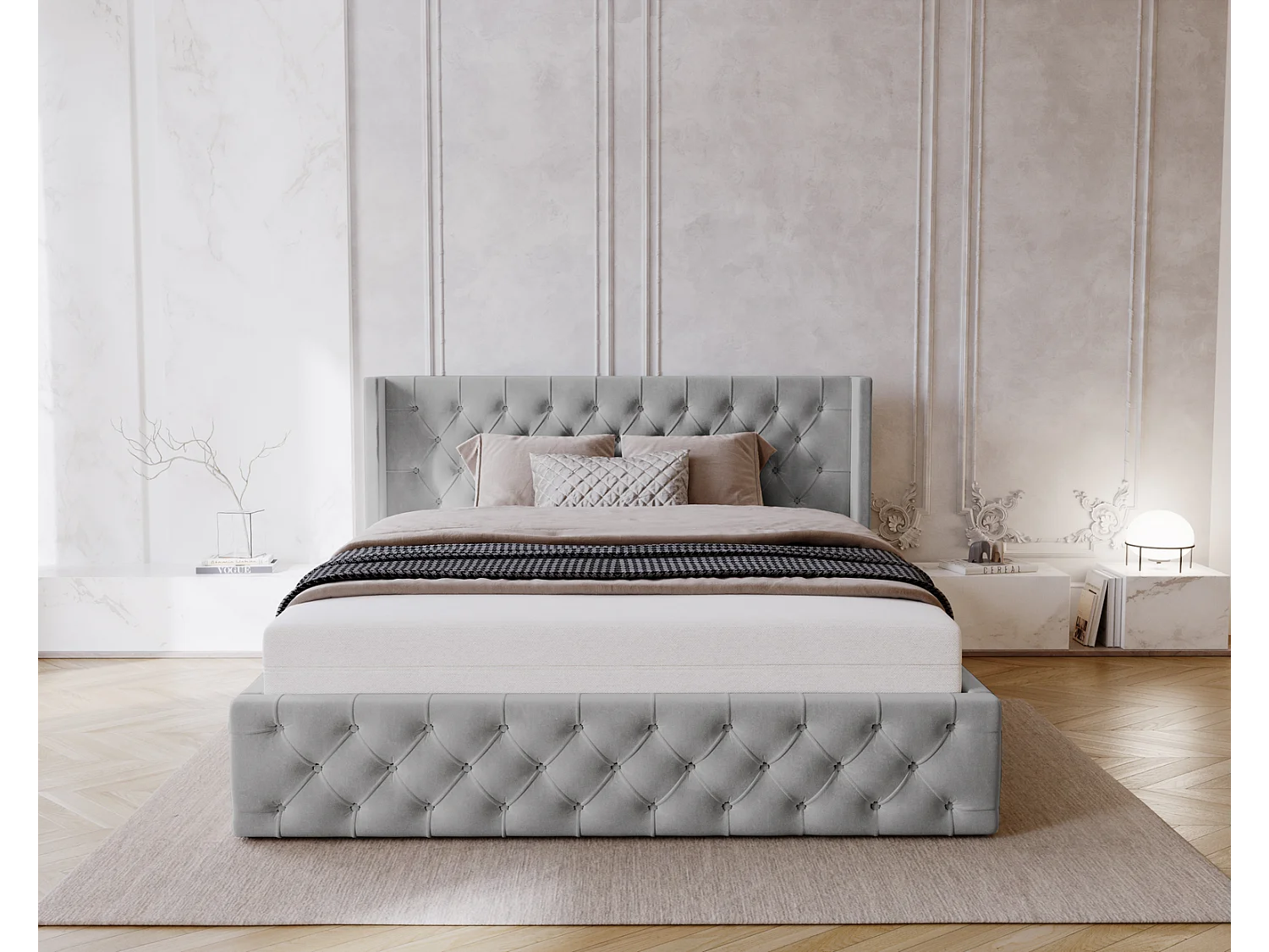 Emporius Rolia lit rembourré 180x200 lit avec rangement, sommier à lattes - lit coffre 180x200 tissu velour Gris clair (Magic Velvet 2218)