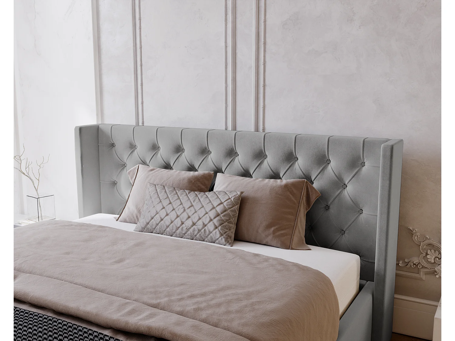 Emporius Rolia lit rembourré 180x200 lit avec rangement, sommier à lattes - lit coffre 180x200 tissu velour Gris clair (Magic Velvet 2218)