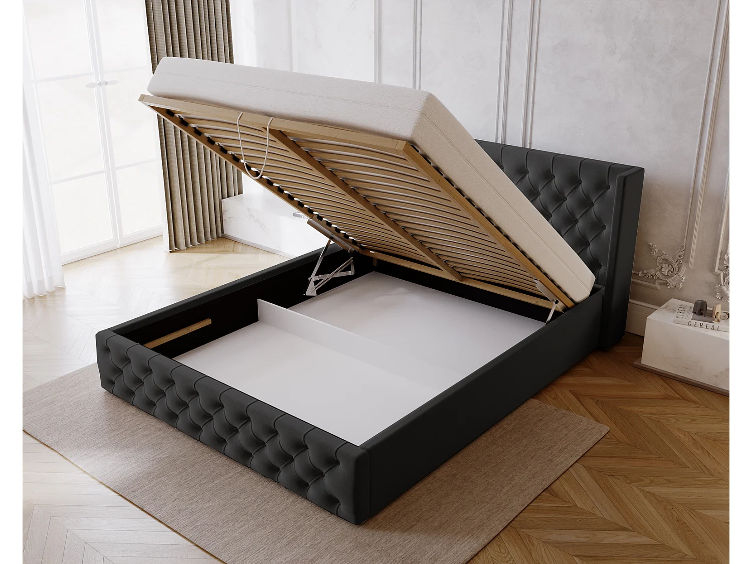 Emporius Rolia lit rembourré 140x200 lit avec rangement, sommier à lattes - lit coffre 140x200 tissu velour Noir (Magic Velvet 2219)