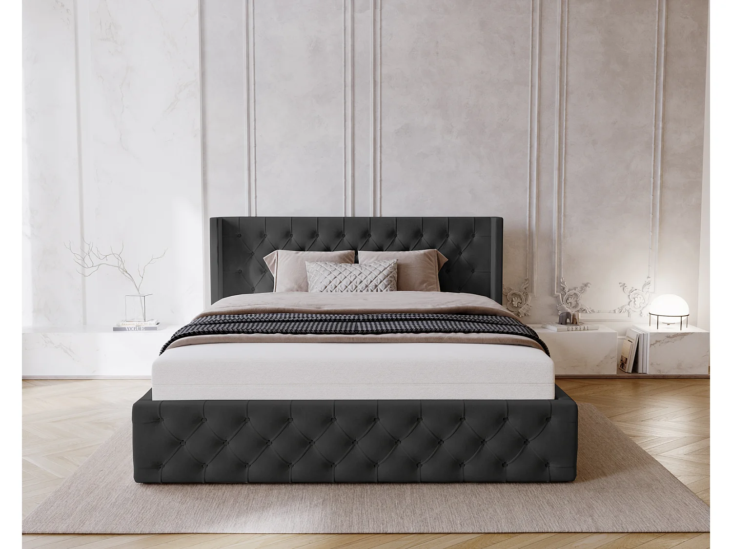 Emporius Rolia lit rembourré 140x200 lit avec rangement, sommier à lattes - lit coffre 140x200 tissu velour Noir (Magic Velvet 2219)