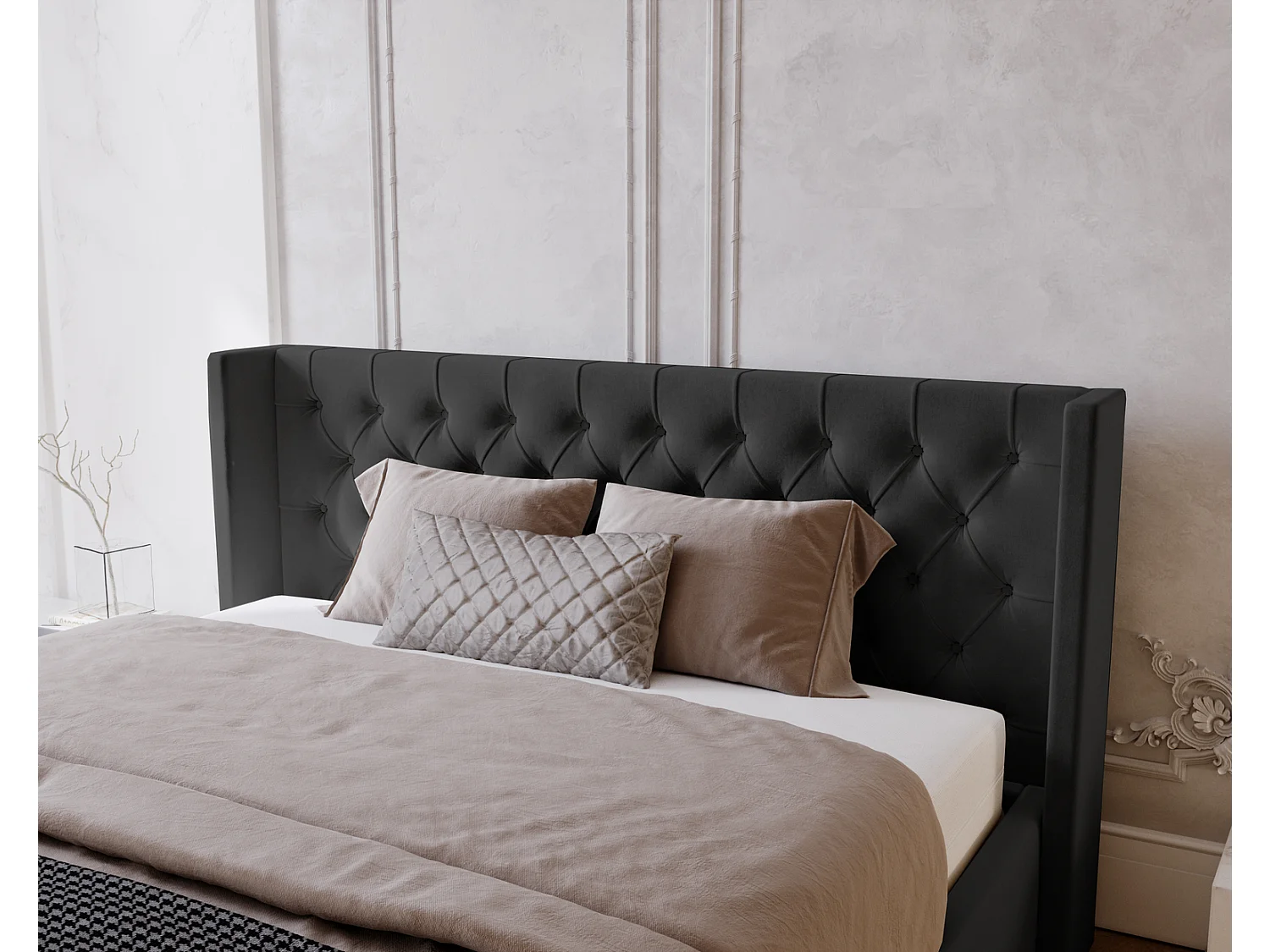 Emporius Rolia lit rembourré 140x200 lit avec rangement, sommier à lattes - lit coffre 140x200 tissu velour Noir (Magic Velvet 2219)