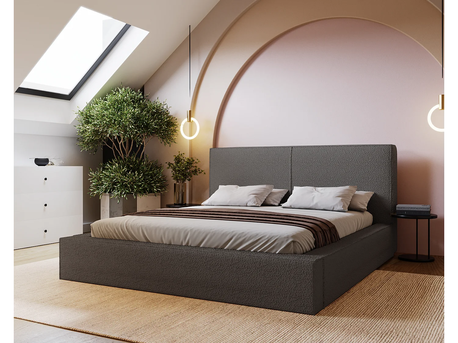 Emporius Morin Doppelbett 160x200 - Polsterbett boucle, bett 160x200 mit Bettkasten - Dunkelgrau (Anthology 18)