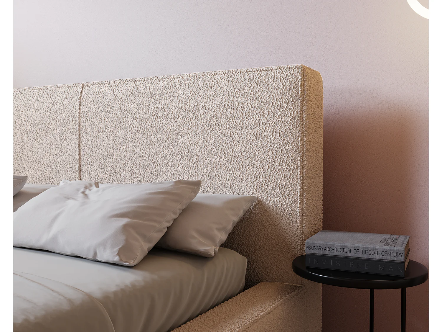 Emporius Morin lit double 160x200 avec rangement, sommier à lattes, tête de lit - lit bouclé 160x200 Crème (Anthology 1)