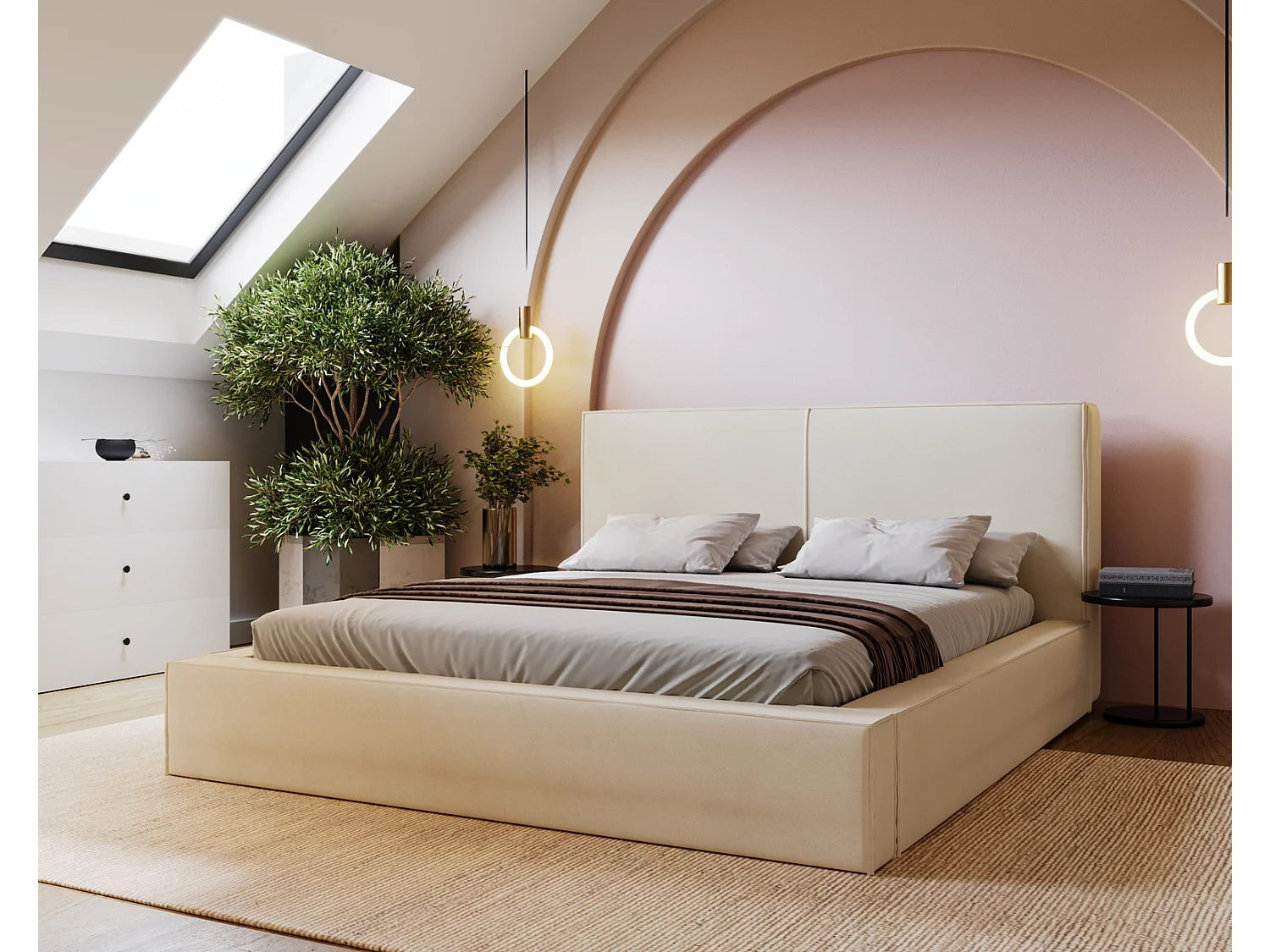 Emporius Morin lit coffre 200x200 avec sommier, tête de lit - lit adulte 200x200 Crème (Amor Velvet 4323)