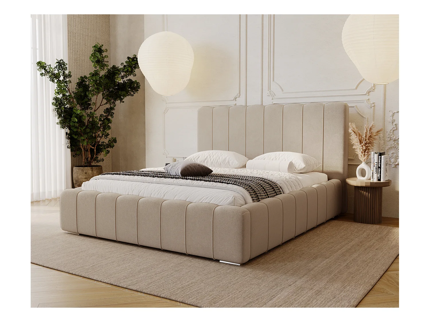 Emporius Lisbon lit avec rangement, lit adulte 180x200 sommier à lattes - lit coffre 180 x 200 - tissu velour Beige (Komodo 11)