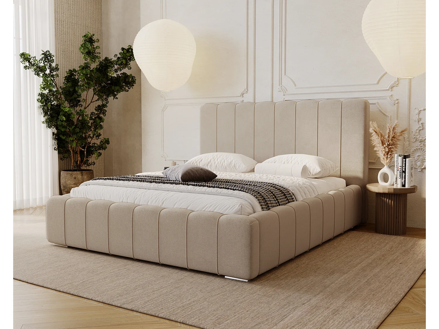 Emporius Lisbon gestoffeerd bed 180x200 met opbergruimte - bed 180x200, tweepersoonsbed fluwelen Beige (Komodo 11)