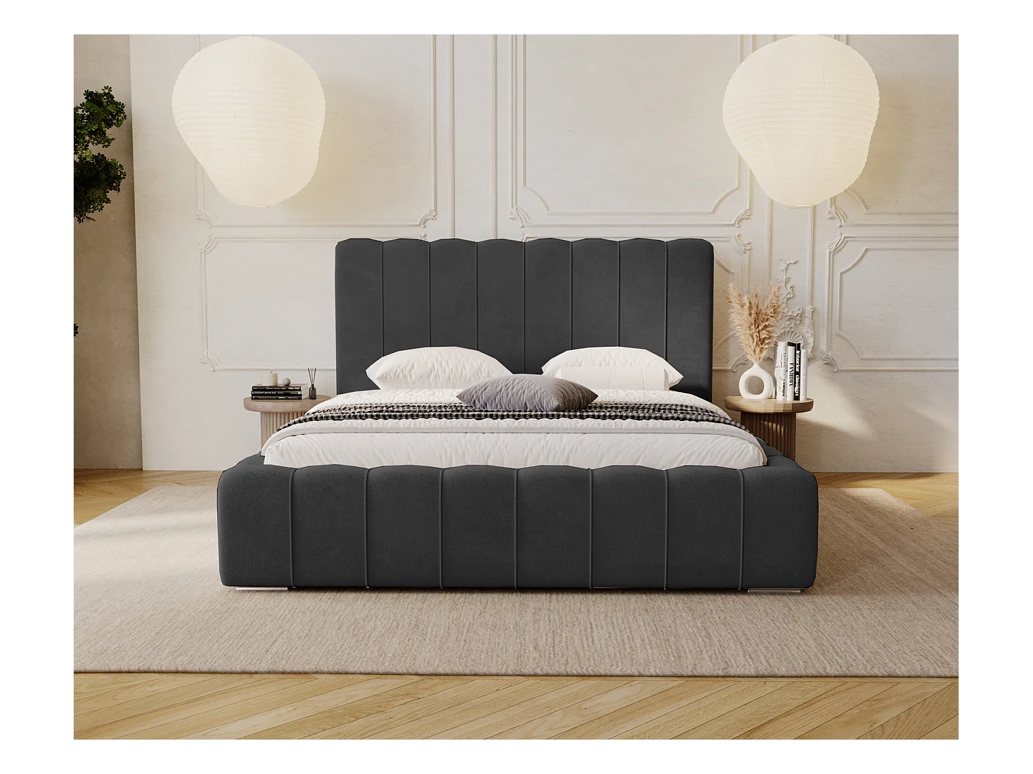Emporius Lisbon lit avec rangement, lit adulte 160x200 sommier à lattes - lit coffre 160 x 200 - tissu velour Noir (Komodo 23)