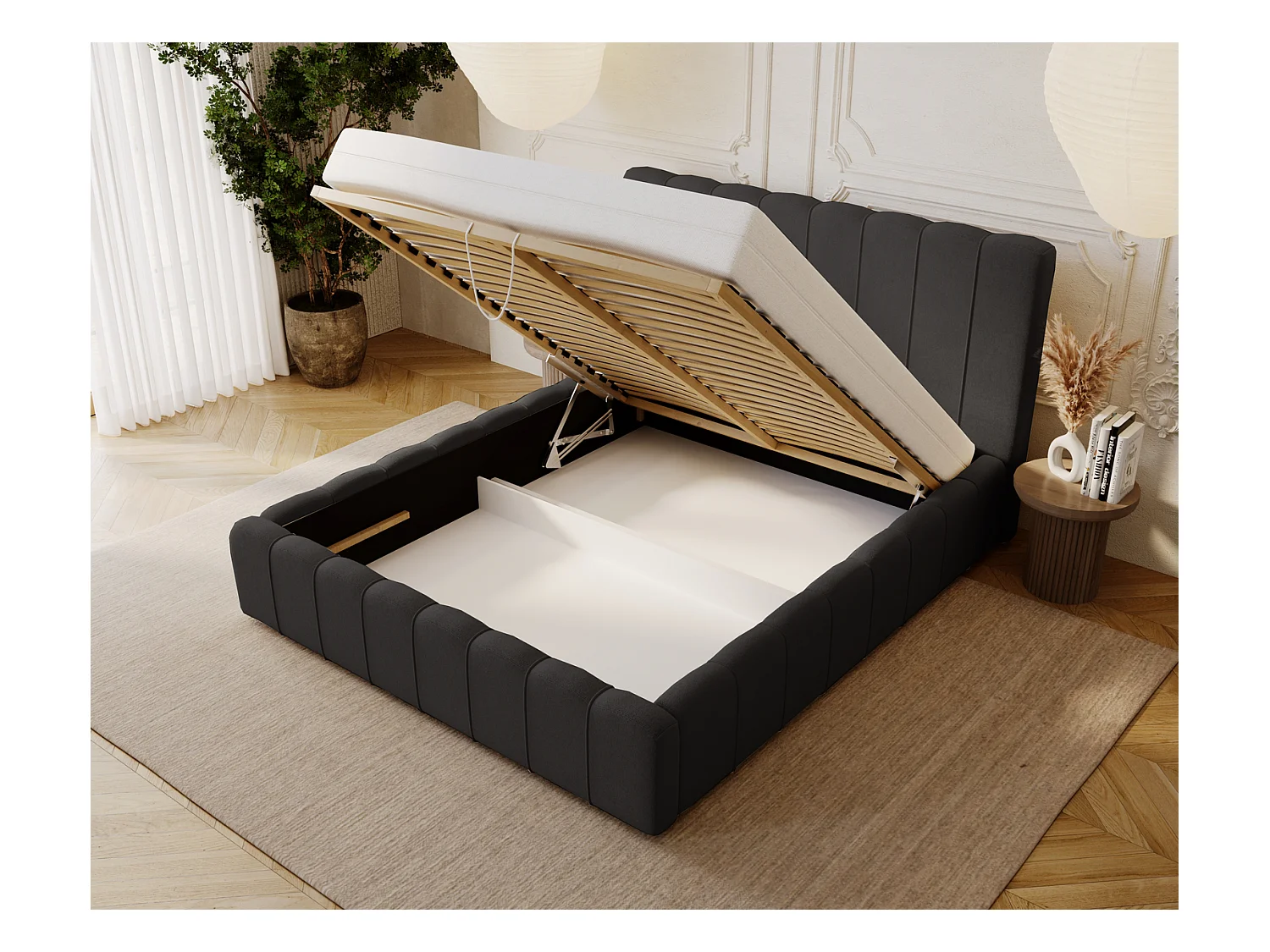 Emporius Lisbon lit avec rangement, lit adulte 160x200 sommier à lattes - lit coffre 160 x 200 - tissu velour Noir (Komodo 23)