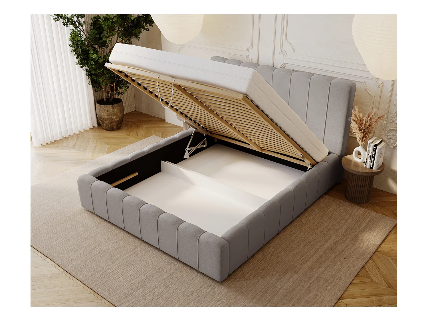 Emporius Lisbon lit avec rangement, lit adulte 160x200 sommier à lattes - lit coffre 160 x 200 - tissu velour Gris clair (Komodo 20)