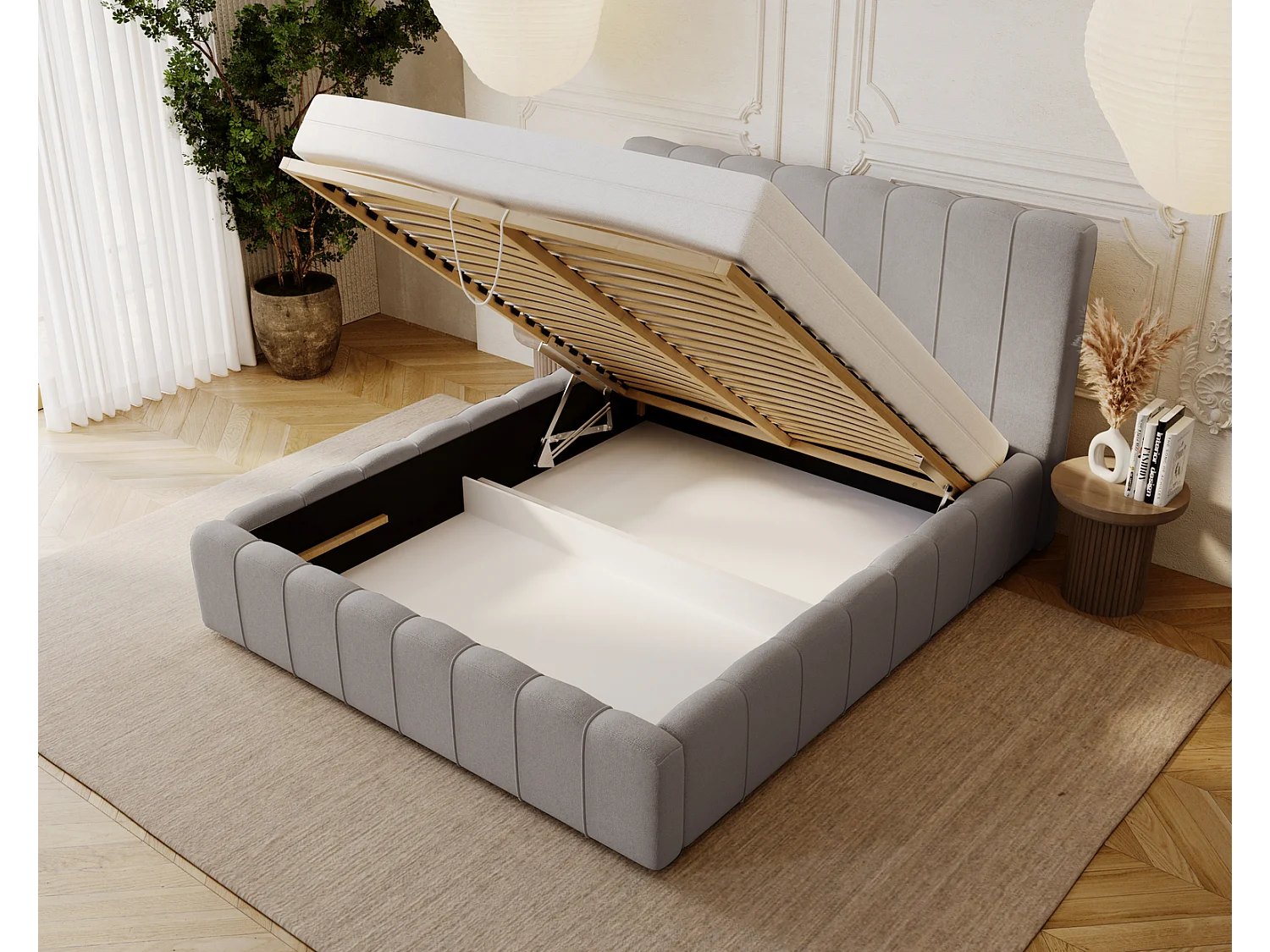 Emporius Lisbon Polsterbett mit Bettkasten, Doppelbett 160x200 Samtstoff, velvet, Bett Hellgrau (Komodo 20)