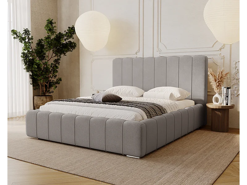 Emporius Lisbon lit avec rangement, lit adulte 160x200 sommier à lattes - lit coffre 160 x 200 - tissu velour Gris clair (Komodo 20)