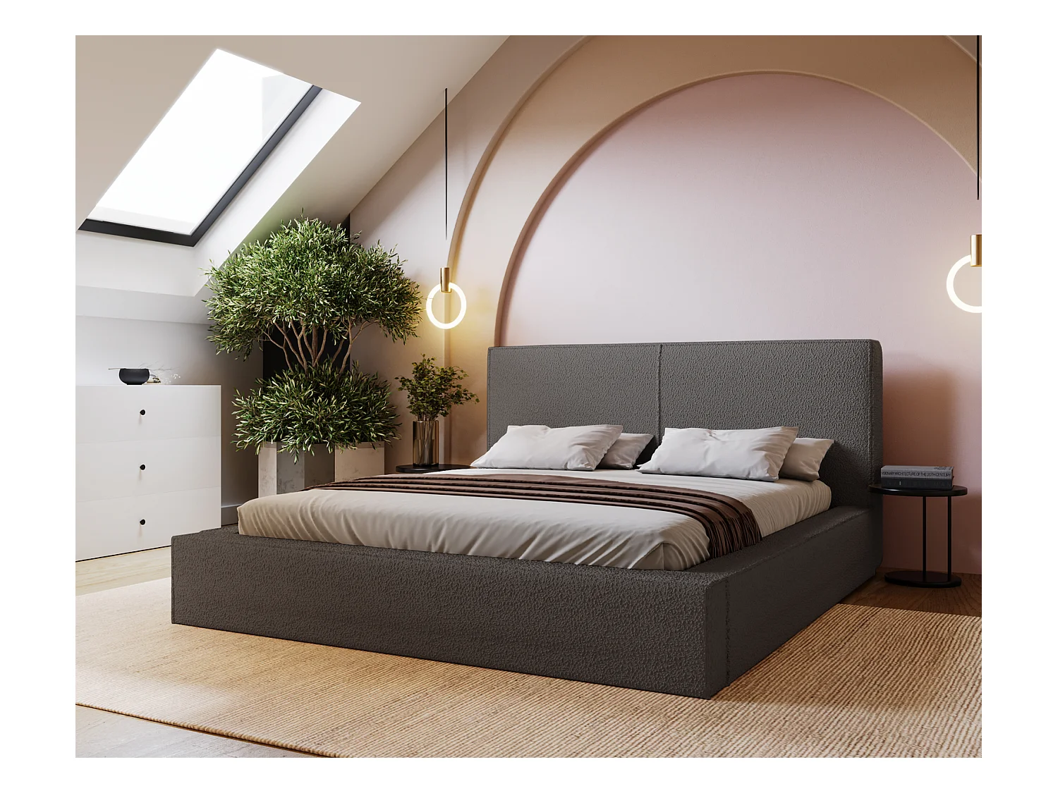 Emporius Morin Doppelbett 200x200 - Polsterbett boucle, bett 200x200 mit Bettkasten - Dunkelgrau (Anthology 18)