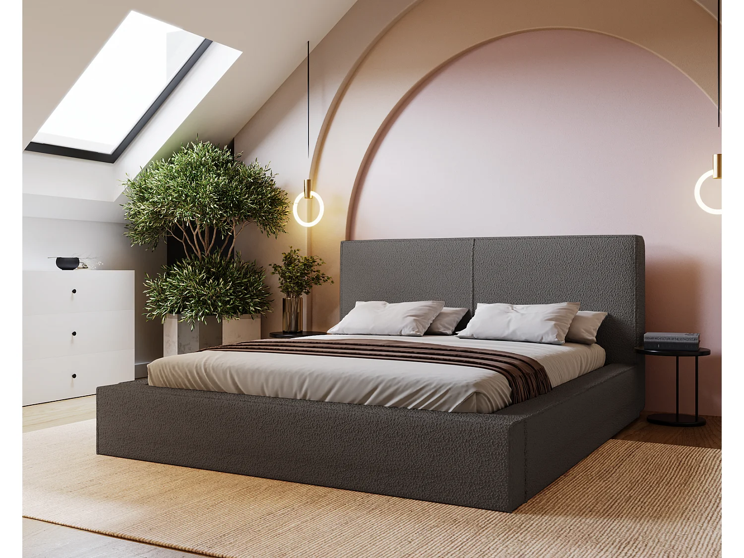 Emporius Morin lit double 200x200 avec rangement, sommier à lattes, tête de lit - lit bouclé 200x200 Gris foncé (Anthology 18)