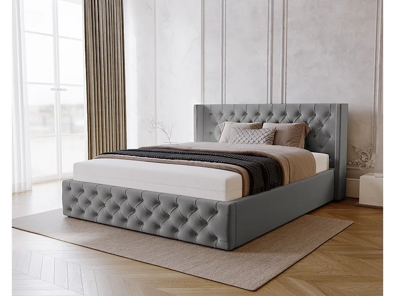 Emporius Rolia lit rembourré 200x200 lit avec rangement, sommier à lattes - lit coffre 200x200 tissu velour Gris (Magic Velvet 2217)