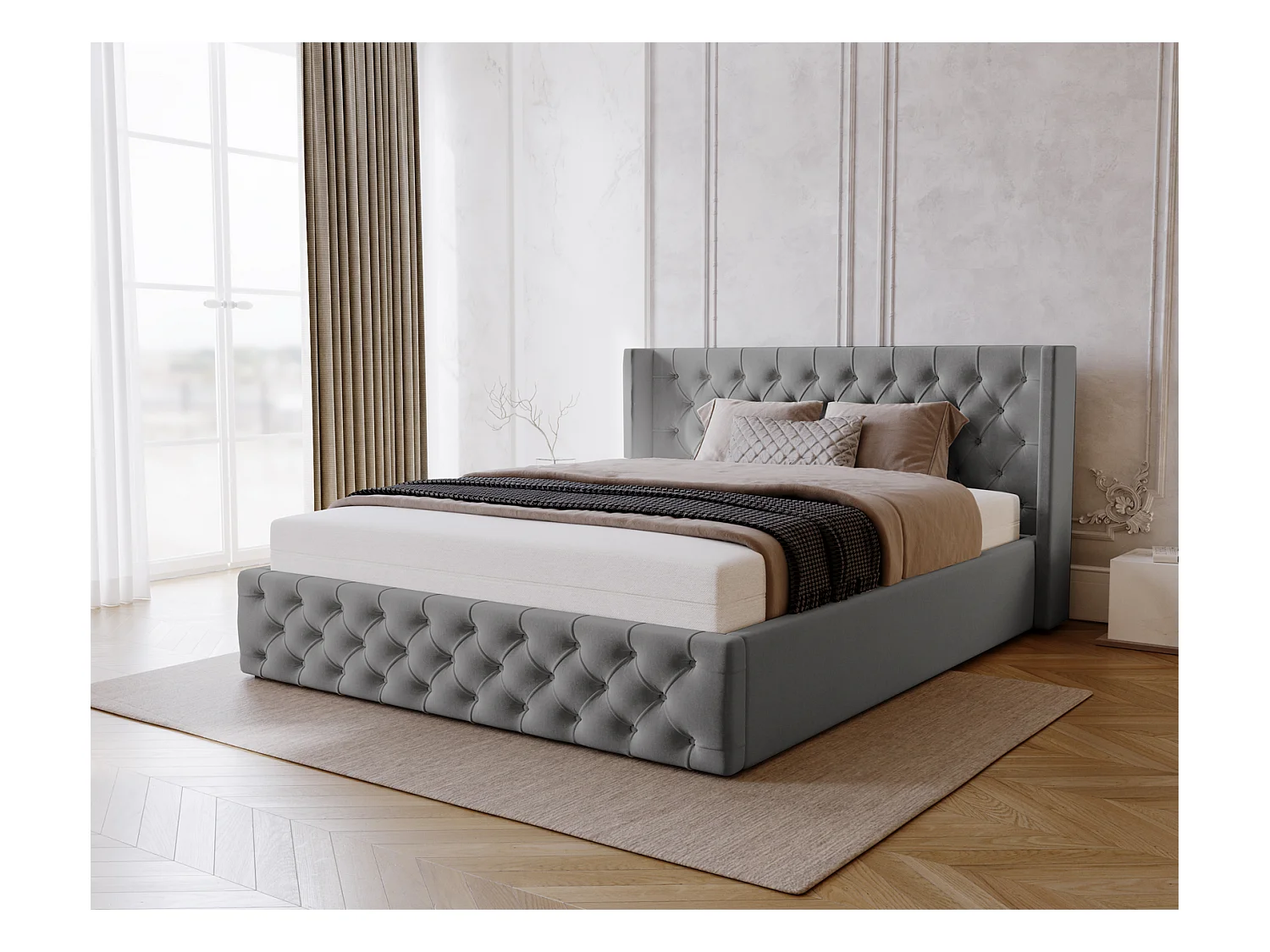 Emporius Rolia lit rembourré 200x200 lit avec rangement, sommier à lattes - lit coffre 200x200 tissu velour Gris (Magic Velvet 2217)