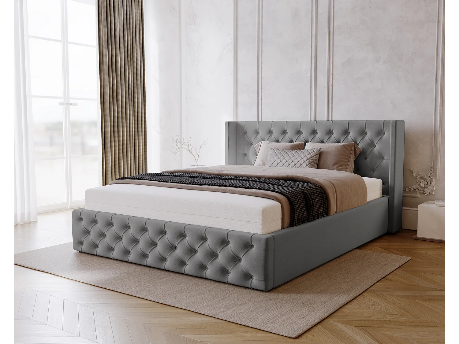 Emporius Rolia lit rembourré 200x200 lit avec rangement, sommier à lattes - lit coffre 200x200 tissu velour Gris (Magic Velvet 2217)