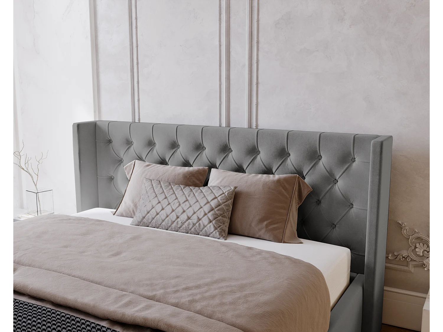 Emporius Rolia lit rembourré 200x200 lit avec rangement, sommier à lattes - lit coffre 200x200 tissu velour Gris (Magic Velvet 2217)