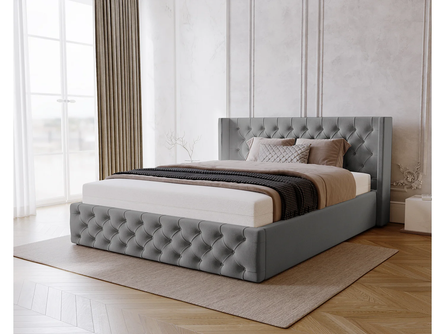 Emporius Rolia lit rembourré 200x200 lit avec rangement, sommier à lattes - lit coffre 200x200 tissu velour Gris (Magic Velvet 2217)