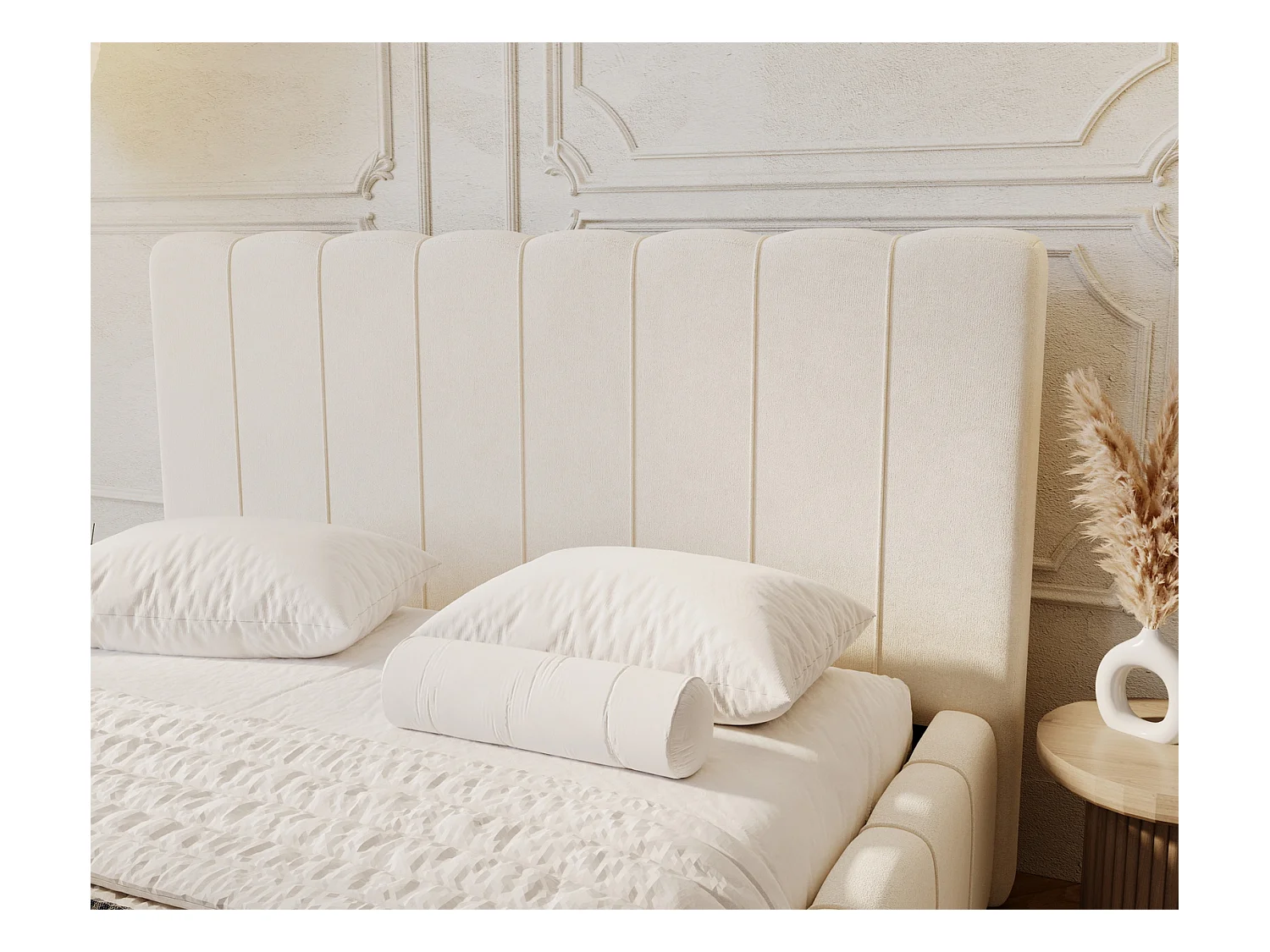 Emporius Lisbon lit avec rangement, lit adulte 160x200 sommier à lattes - lit coffre 160 x 200 - tissu velour Crème (Komodo 10)