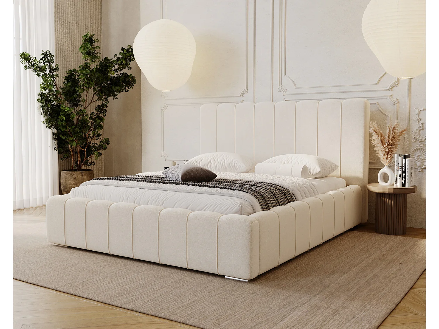 Emporius Lisbon lit avec rangement, lit adulte 160x200 sommier à lattes - lit coffre 160 x 200 - tissu velour Crème (Komodo 10)