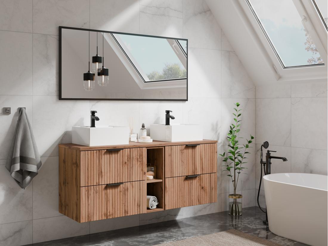 vente unique Meuble sous vasque suspendu strié avec niches - Naturel clair - L140 cm - ZEVARA