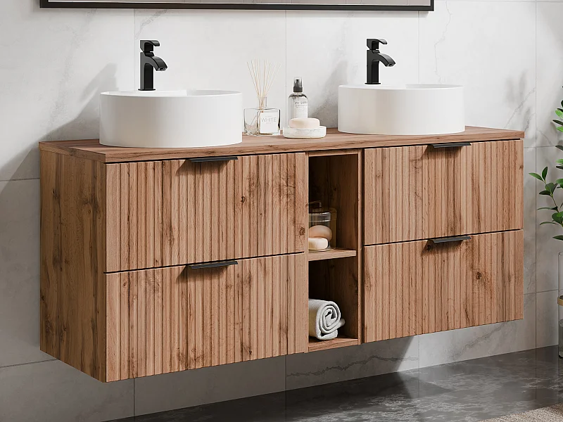 Mueble de baño suspendido con estantes y lavabo redondo sobre encimera - Natural claro - L140 cm - ZEVARA