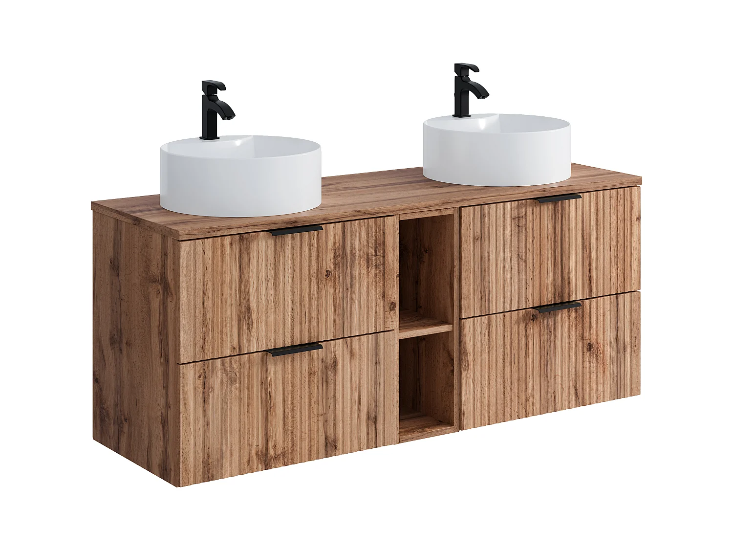 Waschbeckenunterschrank hängend mit Ablagen & Doppelaufsatzwaschbecken rund - Streifenoptik - Holzfarben hell - 140 cm - ZEVARA