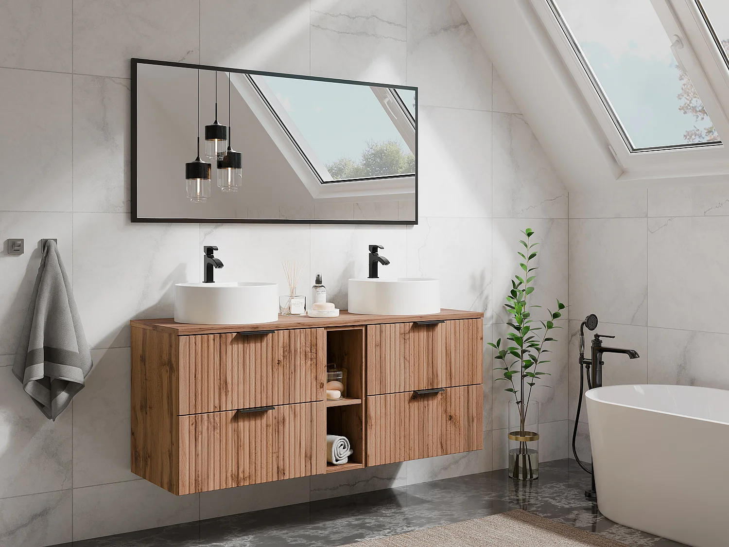 Meuble de salle de bain suspendu strié avec niches et double vasque à poser ronde - Naturel clair - L140 cm - ZEVARA