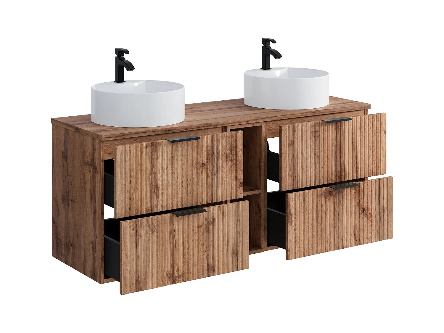 Meuble de salle de bain suspendu strié avec niches et double vasque à poser ronde - Naturel clair - L140 cm - ZEVARA