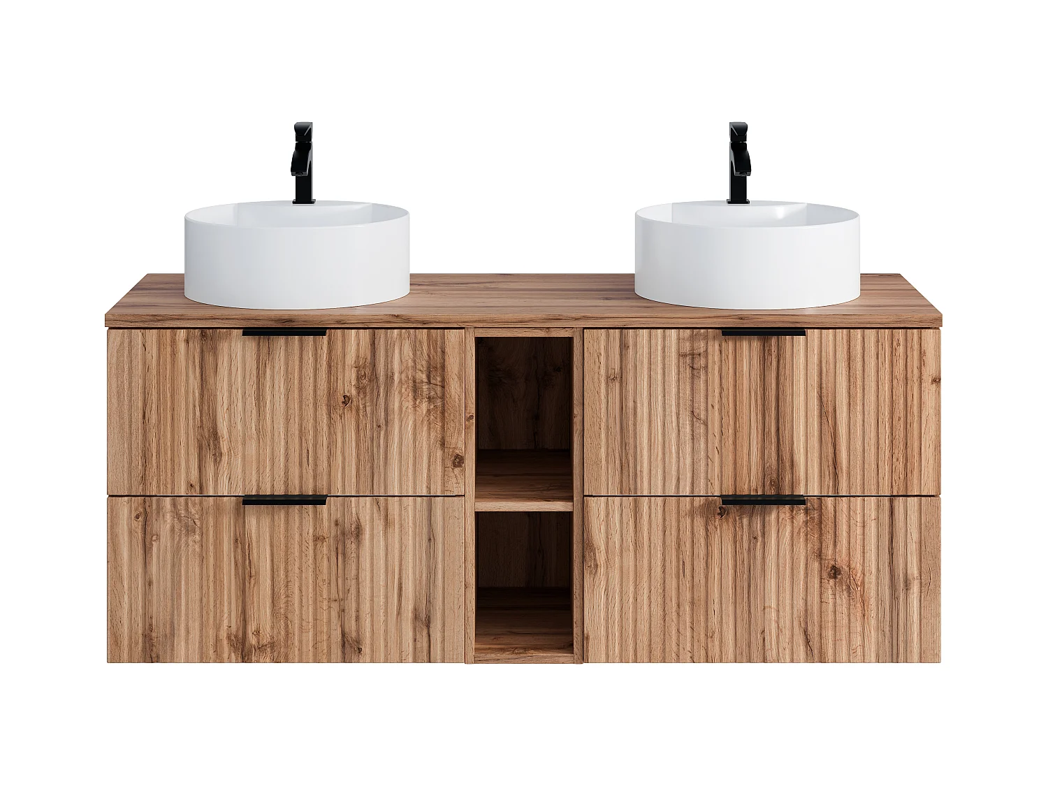 Mueble de baño suspendido con estantes y lavabo redondo sobre encimera - Natural claro - L140 cm - ZEVARA