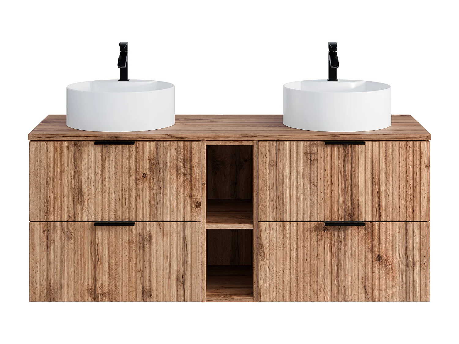 Meuble de salle de bain suspendu strié avec niches et double vasque à poser ronde - Naturel clair - L140 cm - ZEVARA