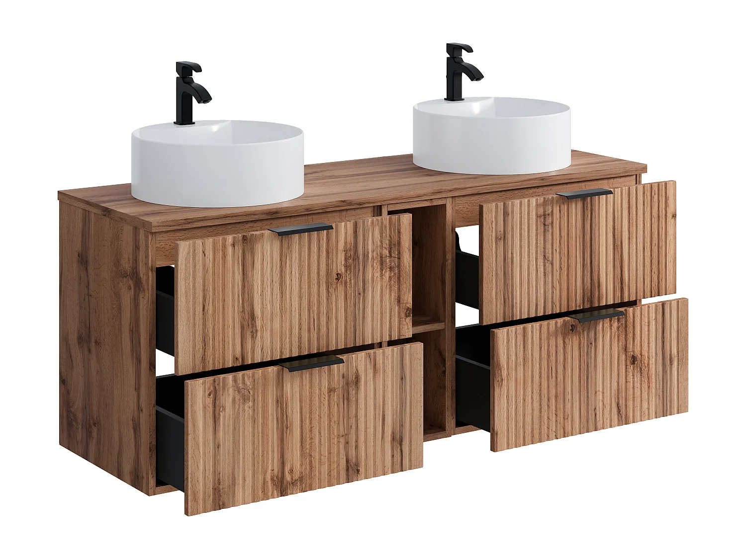 Meuble de salle de bain suspendu strié avec niches et double vasque à poser ronde - Naturel clair - L140 cm - ZEVARA