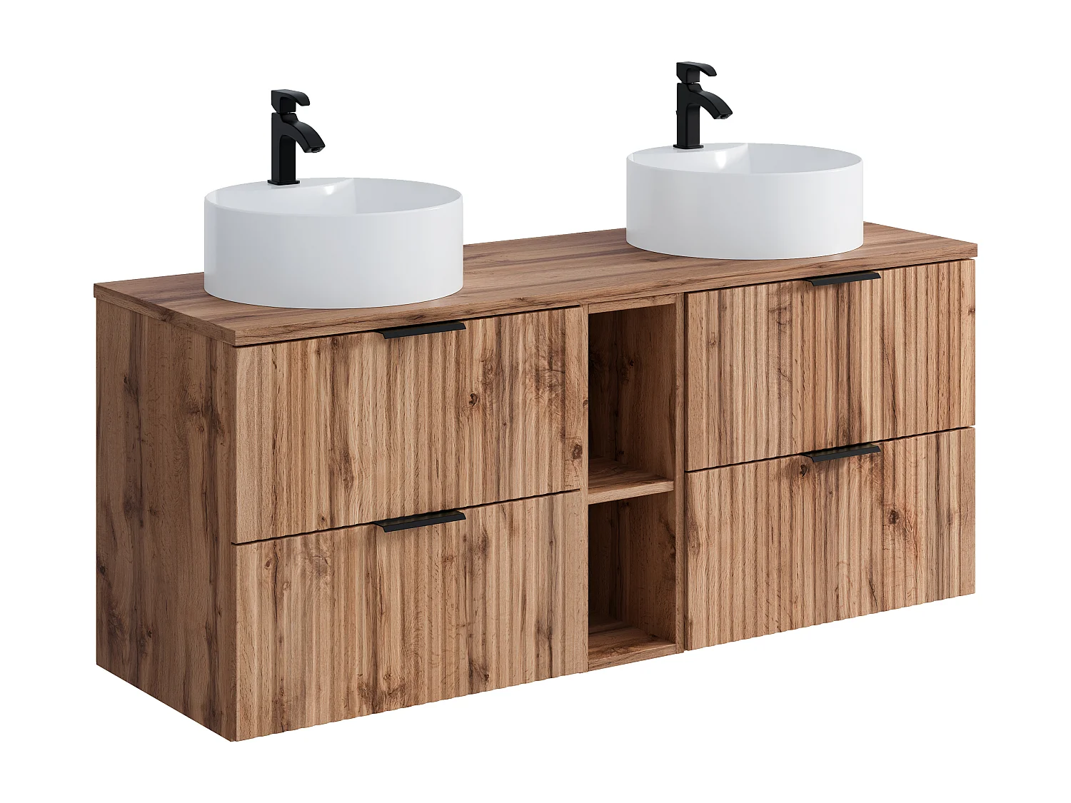 Meuble de salle de bain suspendu strié avec niches et double vasque à poser ronde - Naturel clair - L140 cm - ZEVARA