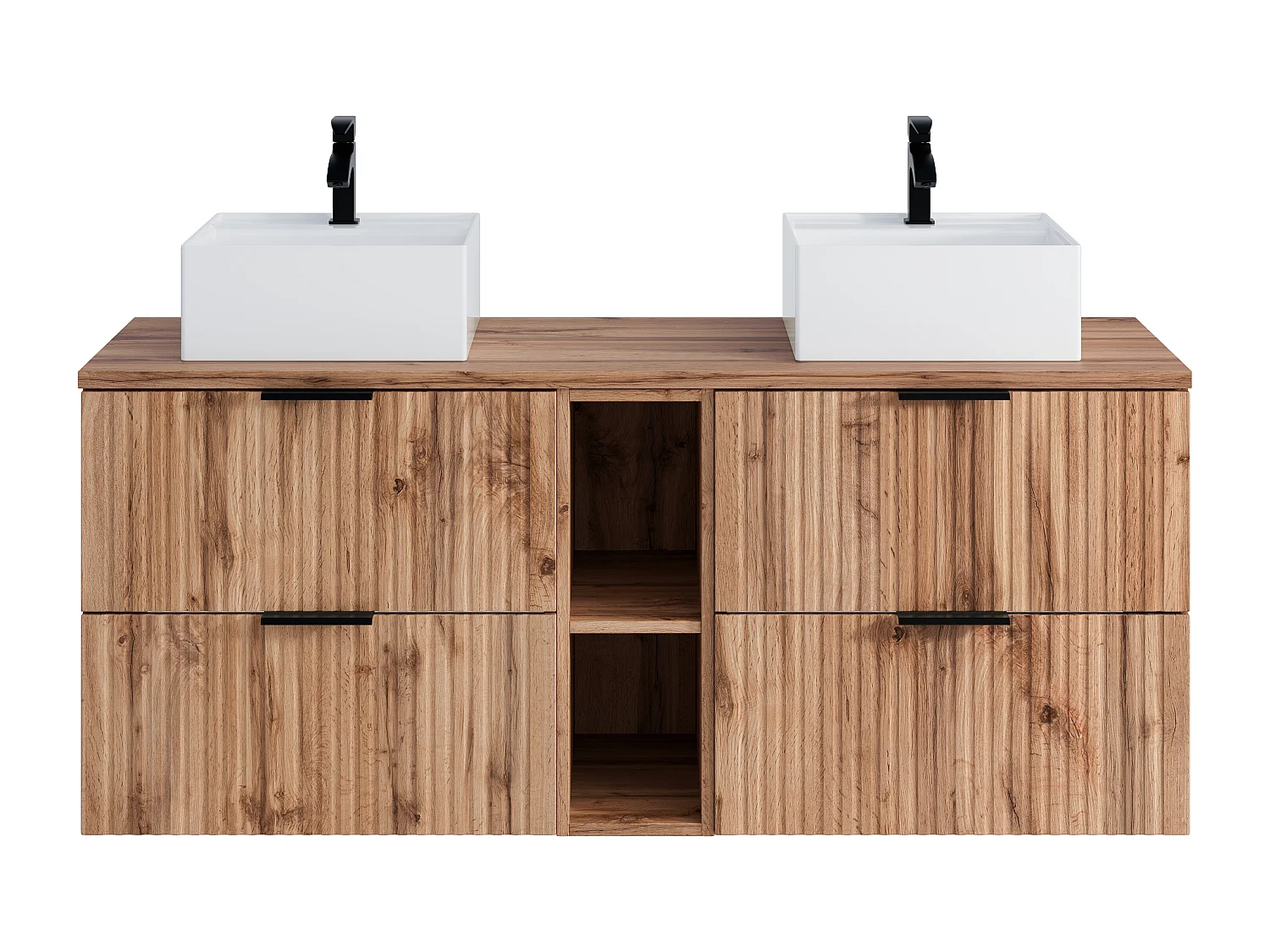 Mobile per bagno sospeso con scanalature nicchie lavabo doppio appoggio quadrato L140cm Naturale chiaro - ZEVARA