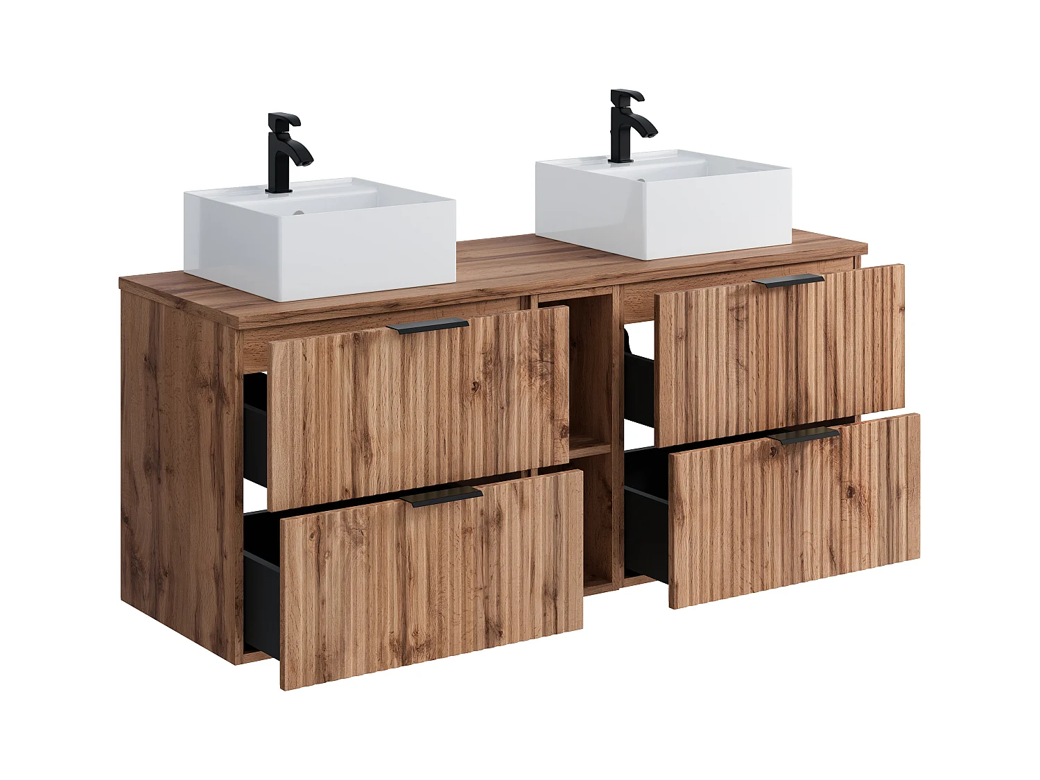 Mobile per bagno sospeso con scanalature nicchie lavabo doppio appoggio quadrato L140cm Naturale chiaro - ZEVARA