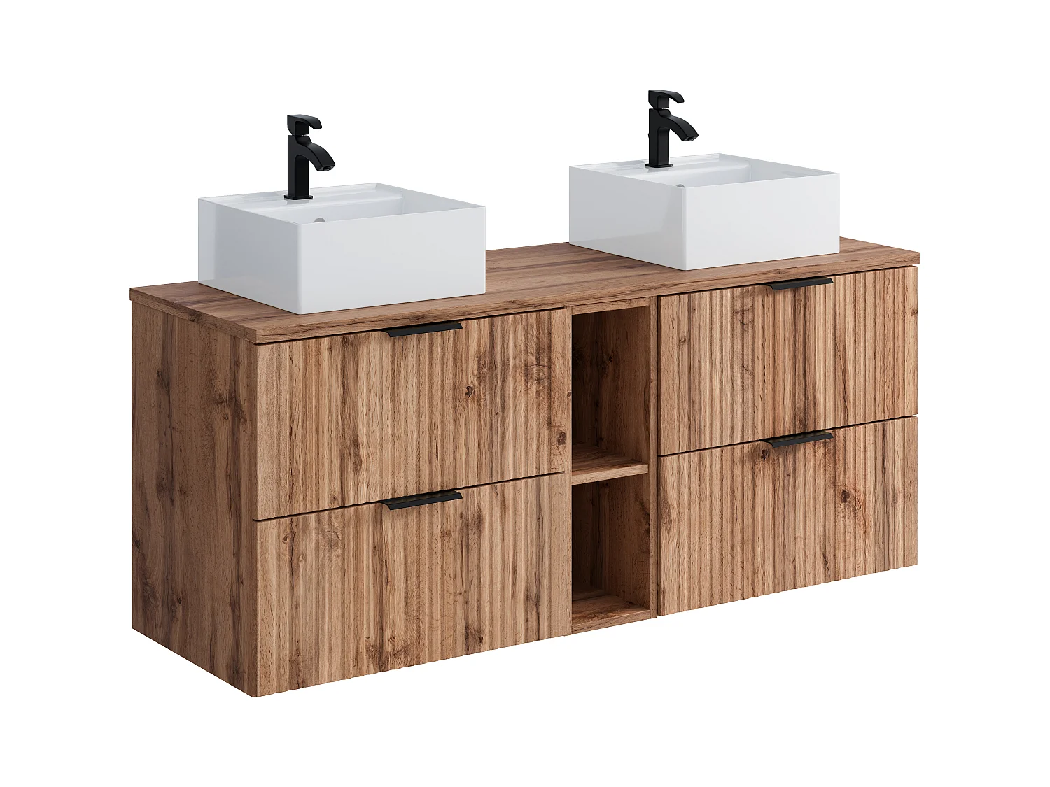 Mueble de baño suspendido con estantes y lavabo cuadrado sobre encimera - Natural claro - L140 cm - ZEVARA