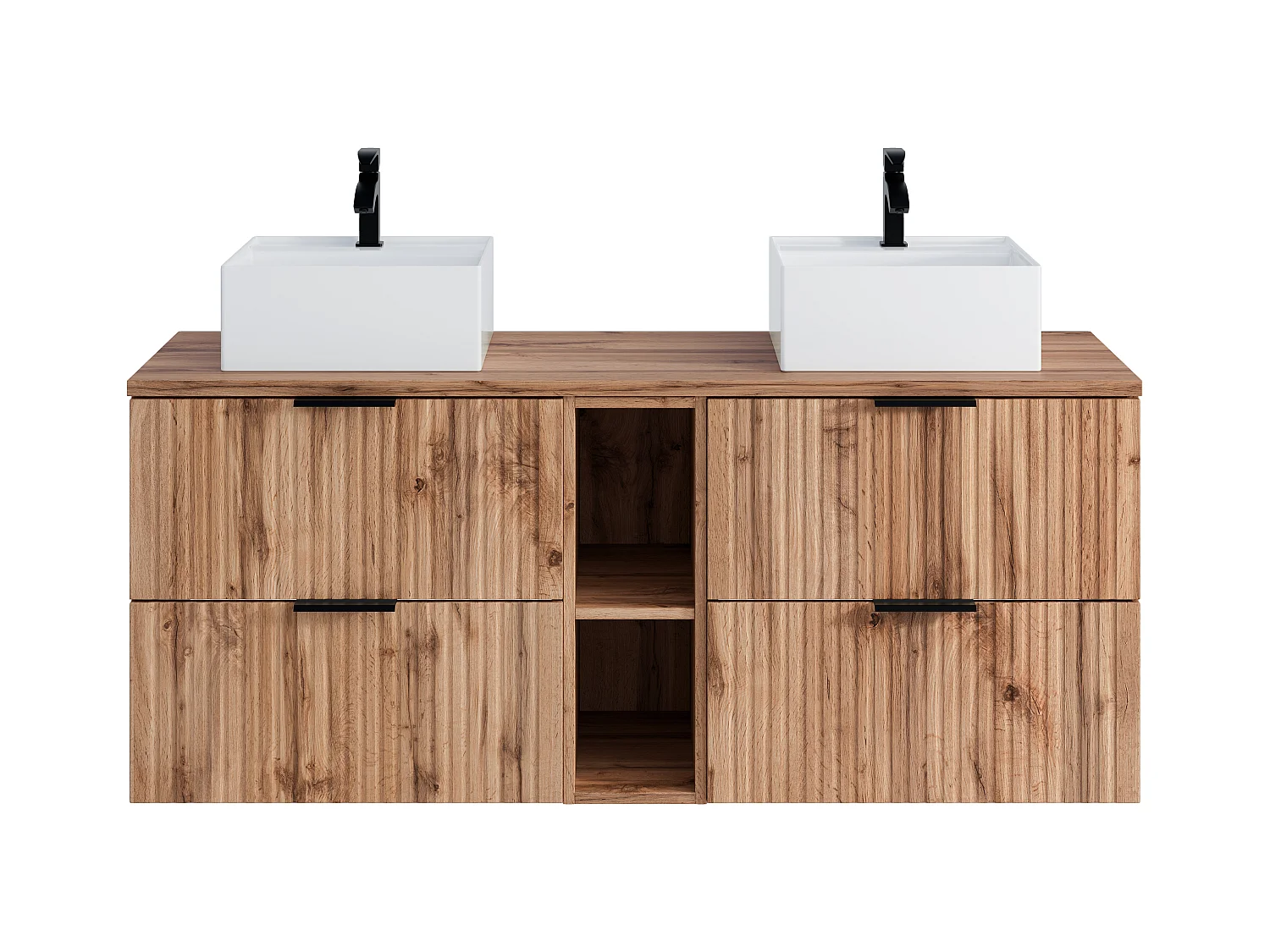 Mueble de baño suspendido con estantes y lavabo cuadrado sobre encimera - Natural claro - L140 cm - ZEVARA