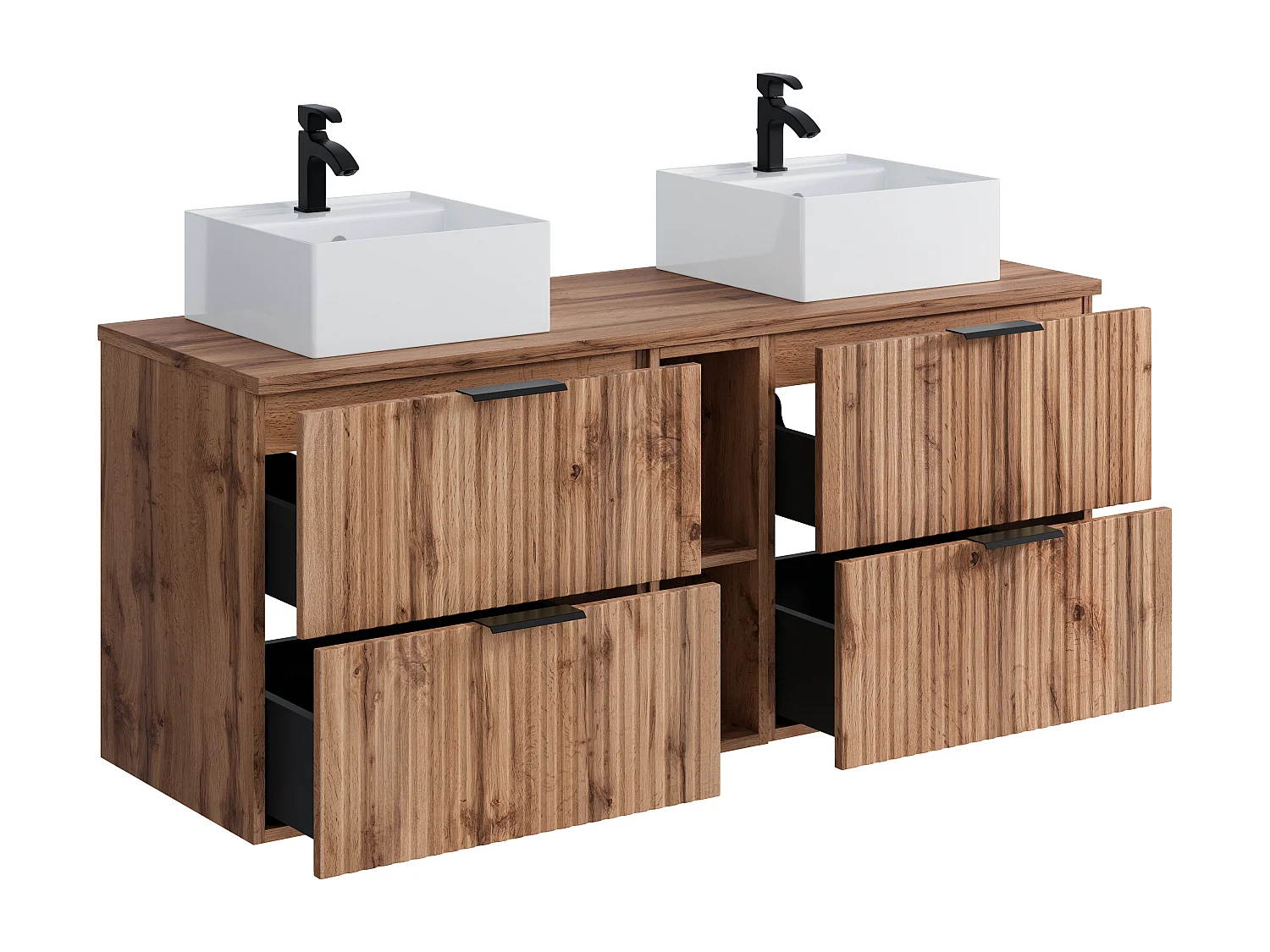 Meuble de salle de bain suspendu strié avec niches et double vasque à poser carrée - Naturel clair - L140 cm - ZEVARA