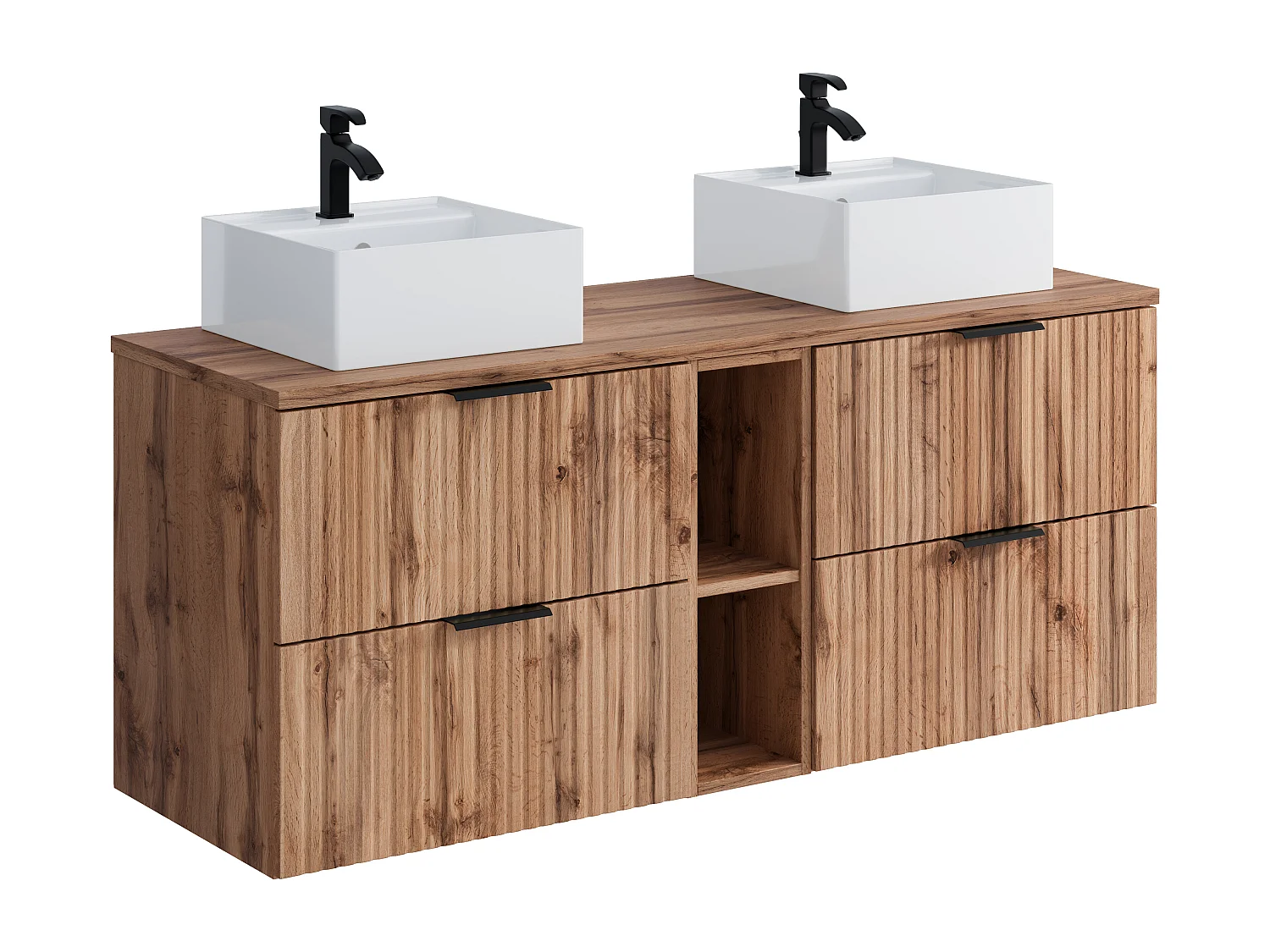 Meuble de salle de bain suspendu strié avec niches et double vasque à poser carrée - Naturel clair - L140 cm - ZEVARA