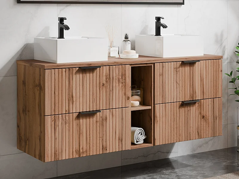 Meuble de salle de bain suspendu strié avec niches et double vasque à poser carrée - Naturel clair - L140 cm - ZEVARA