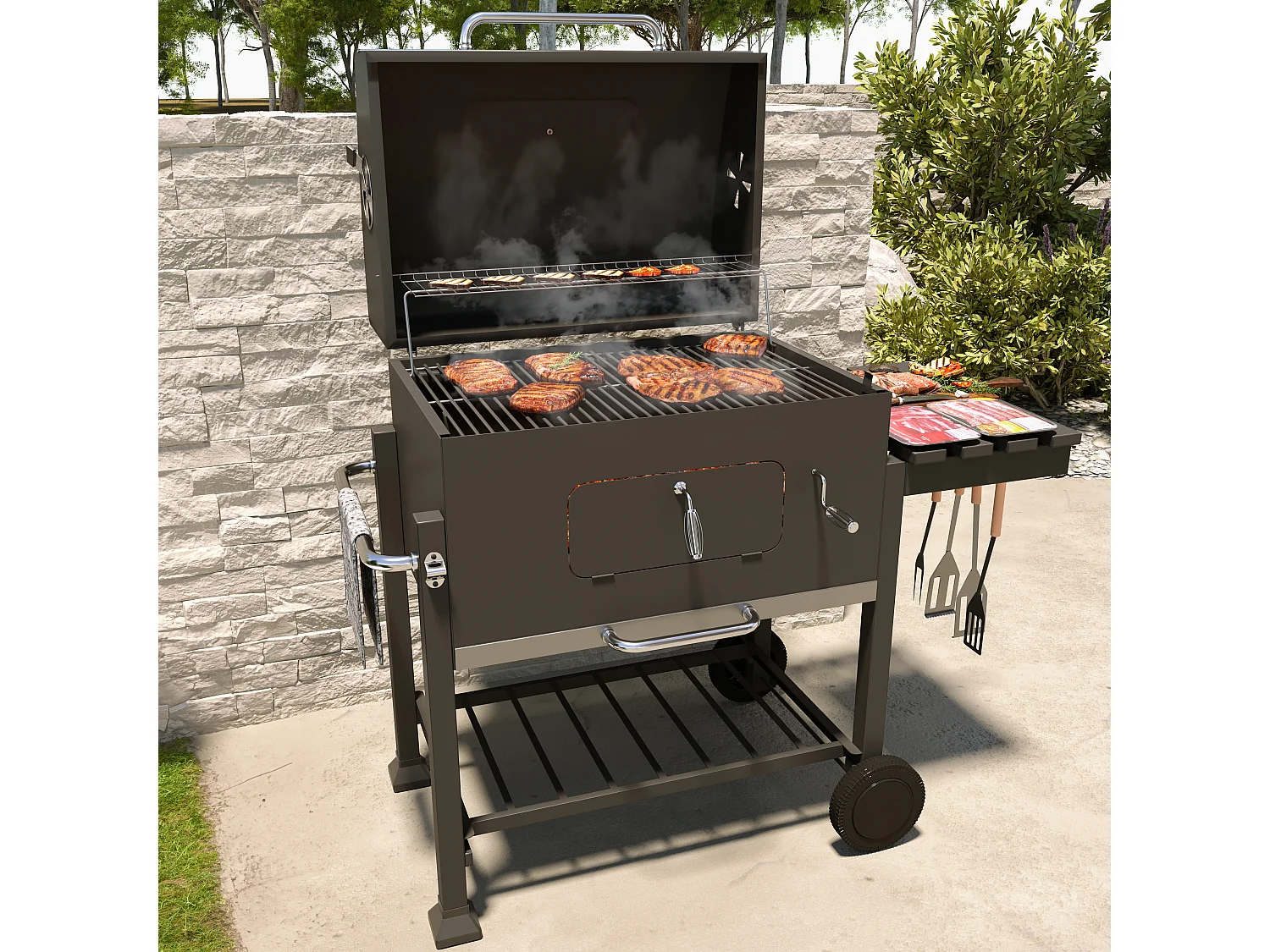 Barbecue Grill A Carbonella BBQ Da Giardino Picnic Balcone Con Coperchio Ruote E Termometro Ripiano Laterale 4 Ganci Manico In Acciaio Inox 106 x 46 x 114 cm Nero