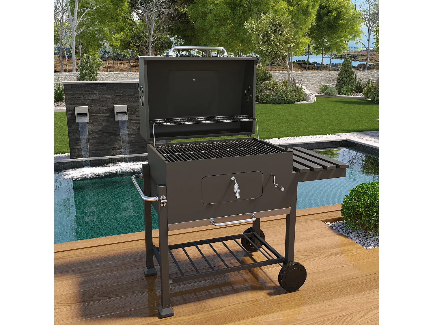 Barbecue Grill A Carbonella BBQ Da Giardino Picnic Balcone Con Coperchio Ruote E Termometro Ripiano Laterale 4 Ganci Manico In Acciaio Inox 106 x 46 x 114 cm Nero
