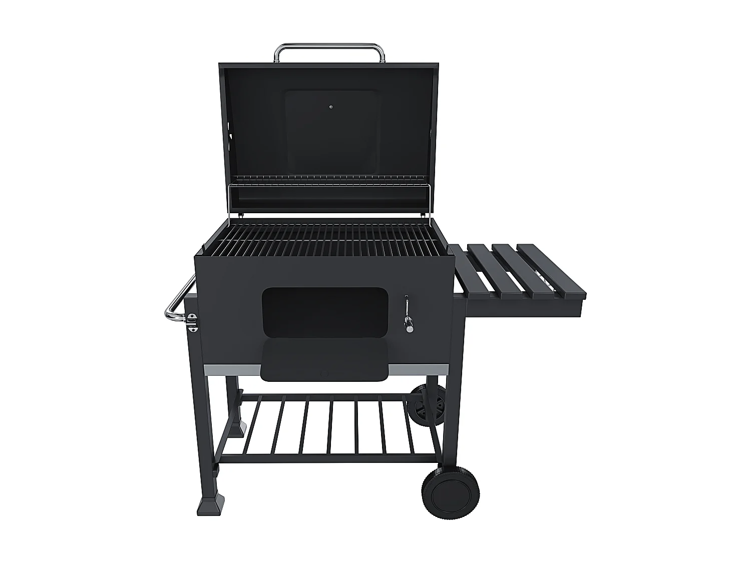 Barbecue Grill A Carbonella BBQ Da Giardino Picnic Balcone Con Coperchio Ruote E Termometro Ripiano Laterale 4 Ganci Manico In Acciaio Inox 106 x 46 x 114 cm Nero