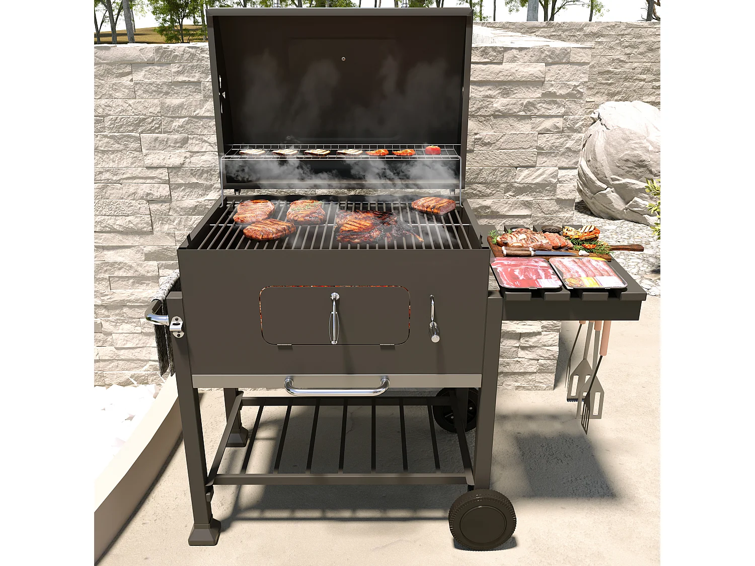 Barbecue Grill A Carbonella BBQ Da Giardino Picnic Balcone Con Coperchio Ruote E Termometro Ripiano Laterale 4 Ganci Manico In Acciaio Inox 106 x 46 x 114 cm Nero