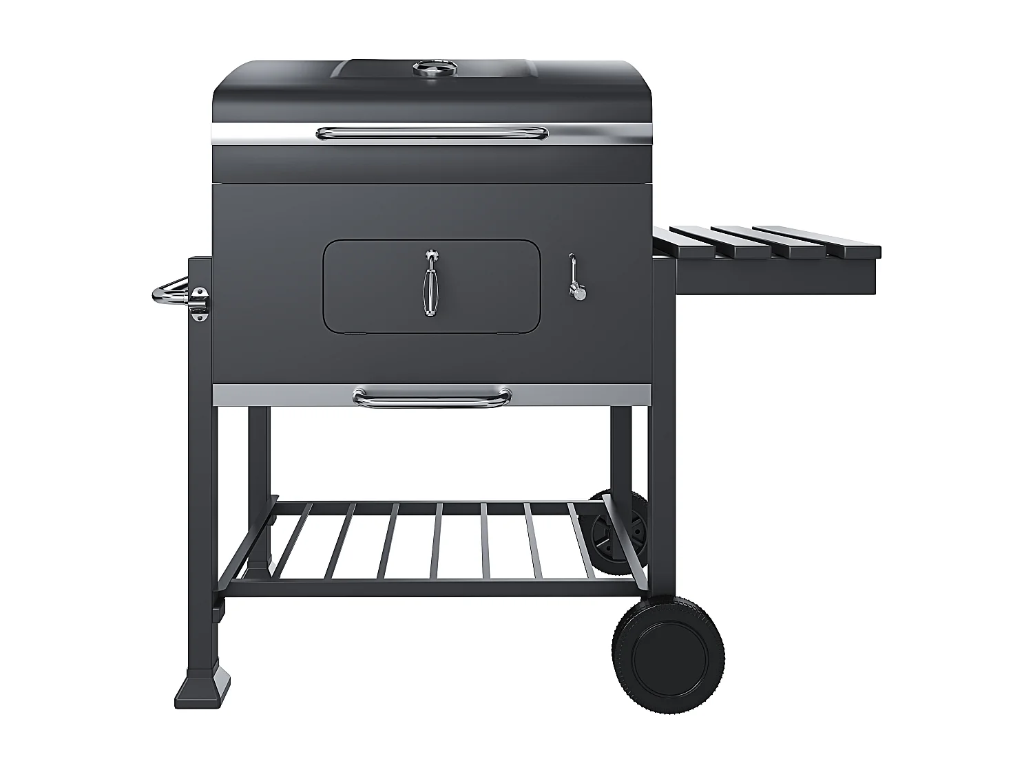 Barbecue Grill A Carbonella BBQ Da Giardino Picnic Balcone Con Coperchio Ruote E Termometro Ripiano Laterale 4 Ganci Manico In Acciaio Inox 106 x 46 x 114 cm Nero