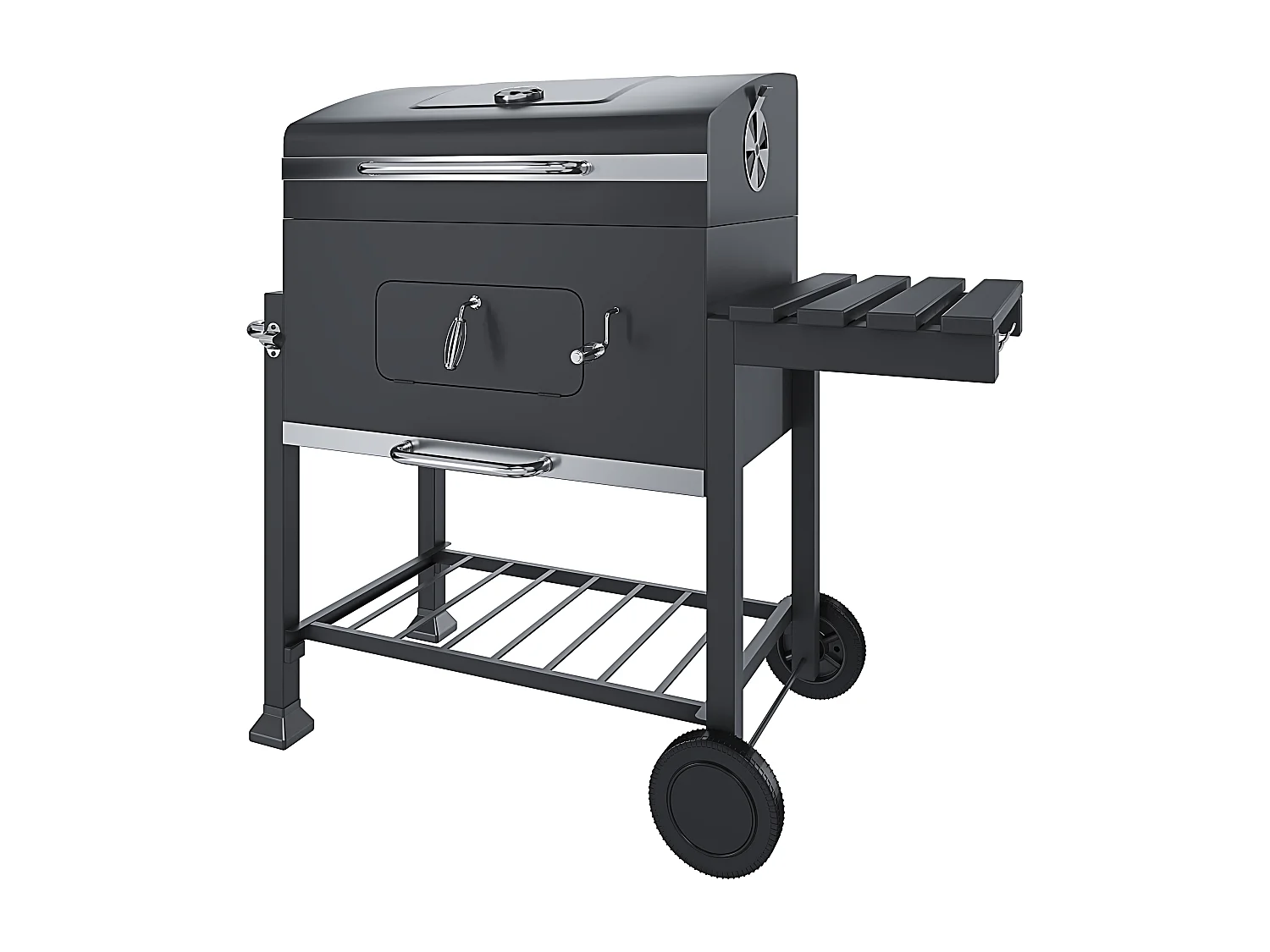 Barbecue Grill A Carbonella BBQ Da Giardino Picnic Balcone Con Coperchio Ruote E Termometro Ripiano Laterale 4 Ganci Manico In Acciaio Inox 106 x 46 x 114 cm Nero