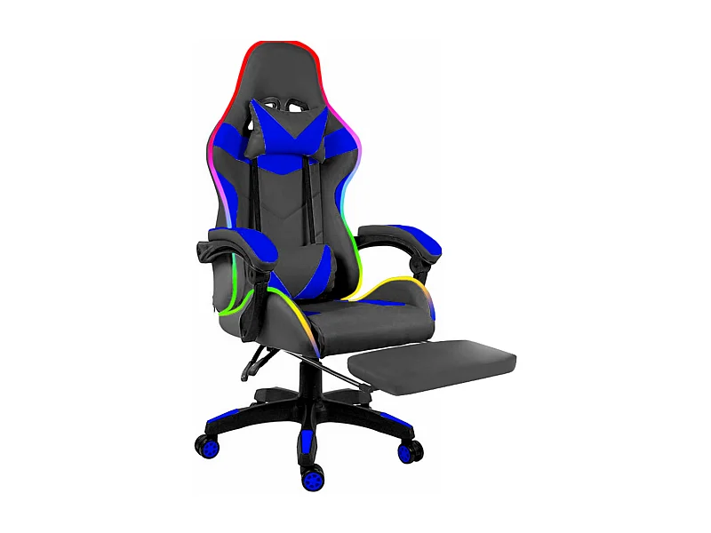 Sedia Gaming Con LED RGB Telecomando Poltrona Ufficio Scrivania Casa PC Racing Girevole Ergonomica Ecopelle Cuscino Lombare Poggiapiedi Nero Blu