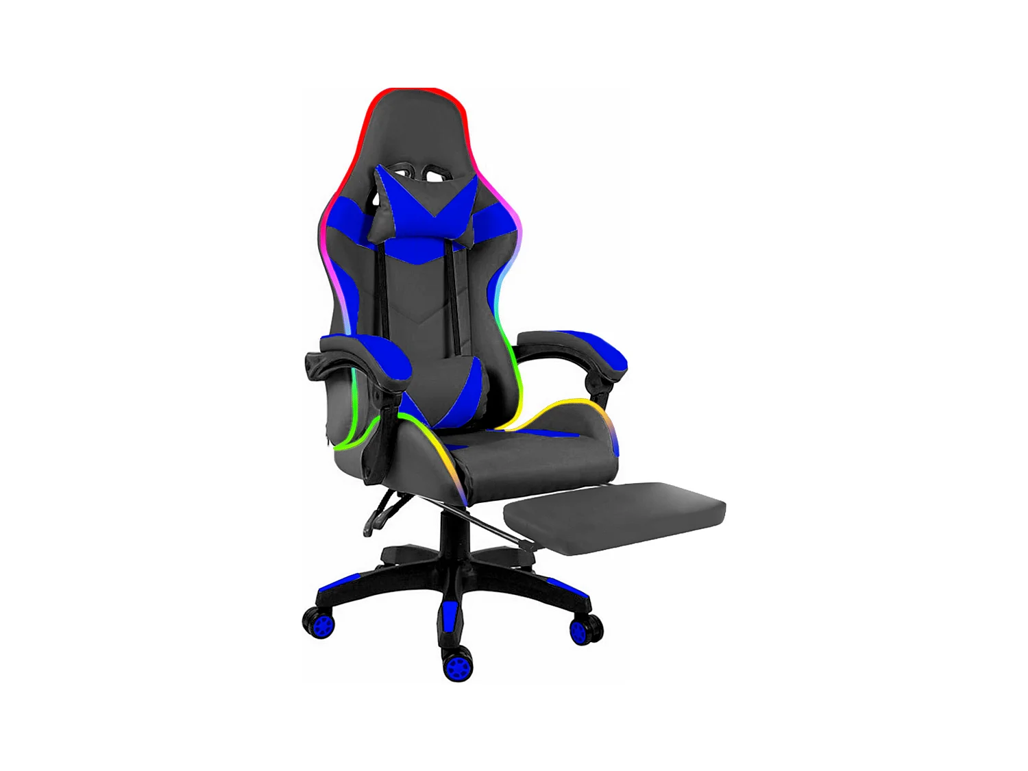 Sedia Gaming Con LED RGB Telecomando Poltrona Ufficio Scrivania Casa PC Racing Girevole Ergonomica Ecopelle Cuscino Lombare Poggiapiedi Nero Blu